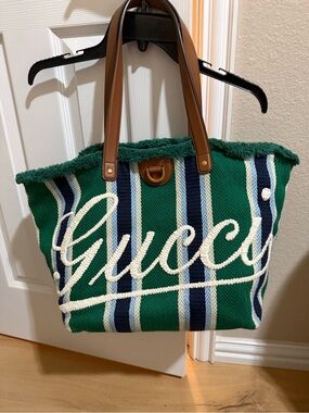 Gucci Striped Canvas Tote Bag – Green Multi